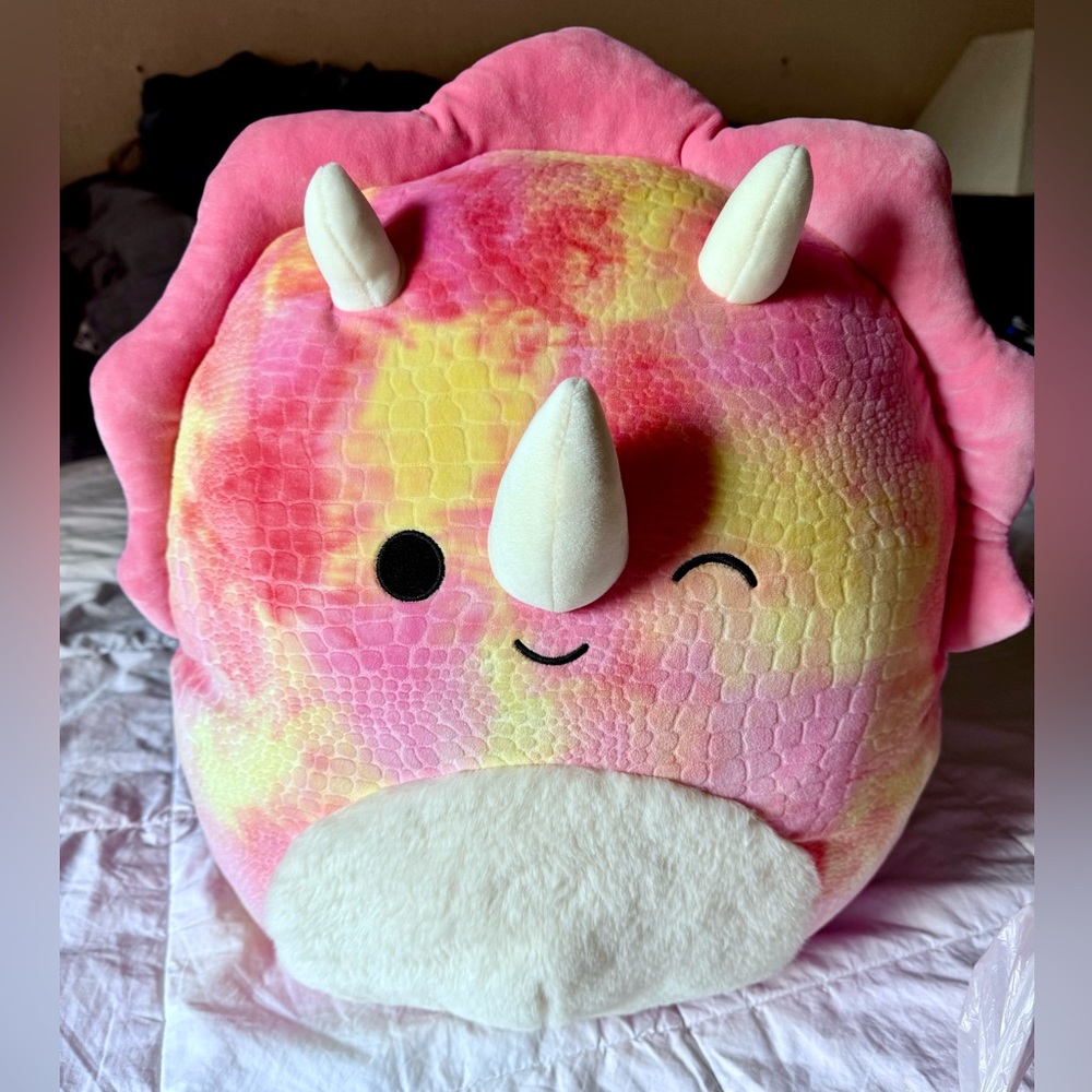 Squishmallows 12 inch Trinity the Tie Dye Triceratops Winking with Fuzzy Belly